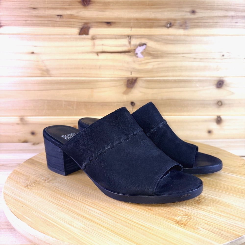 Eileen Fisher Heels Womens 5.5 Black Kale Tumbled Nubuck Leather Slide Sandals